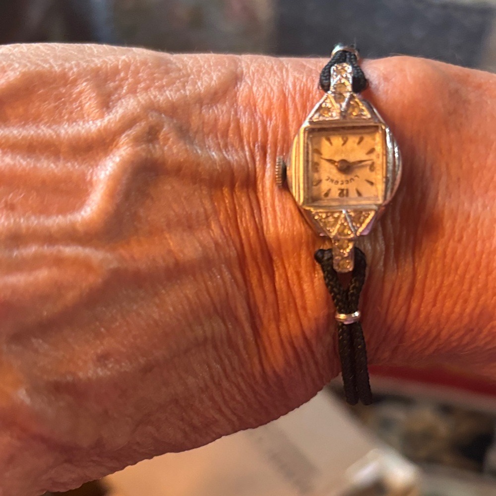Vintage Ladies Silver-Tone Diamond Accent Wristwatch on Black Cord